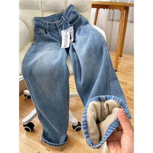 P Fleece Thickened Straight Wide Leg Jeans Women's Autumn and Winter New Small High Waist Skinny Loose Floor Pants