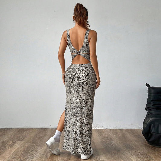 W290DS European and American cross-border 2025 spring new square collar strap leopard print backless kink high split dress women - Mixbatch