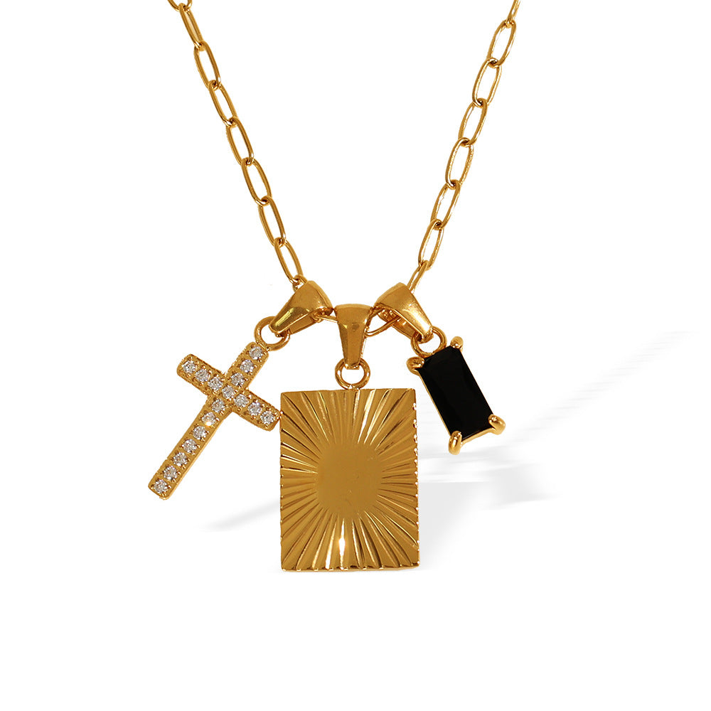 A European and American cross-border trends Unique personality Black opal square cross combination pendant Titanium steel necklace