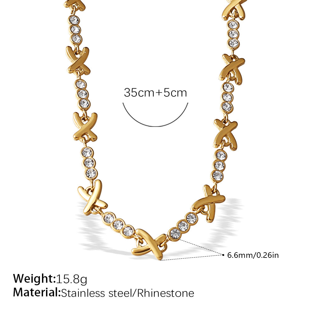 A European and American fashion ins necklace bracelet set light luxury cross-border X-shaped rhinestone stainless steel plated 18K gold bracelet women
