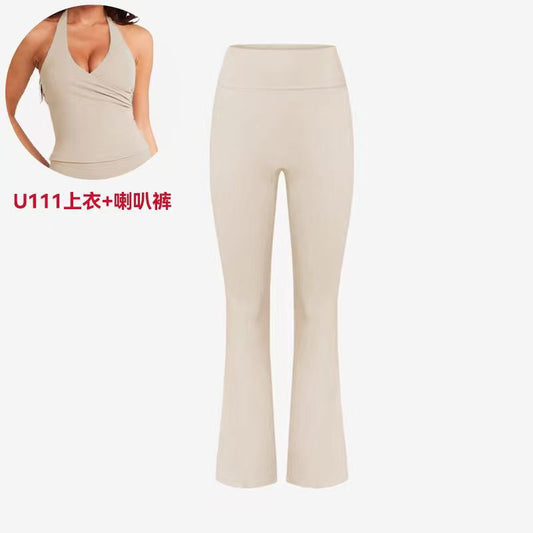 A V-neck cross-neck sports vest with chest pad yoga suit set women's advanced yoga horn trousers