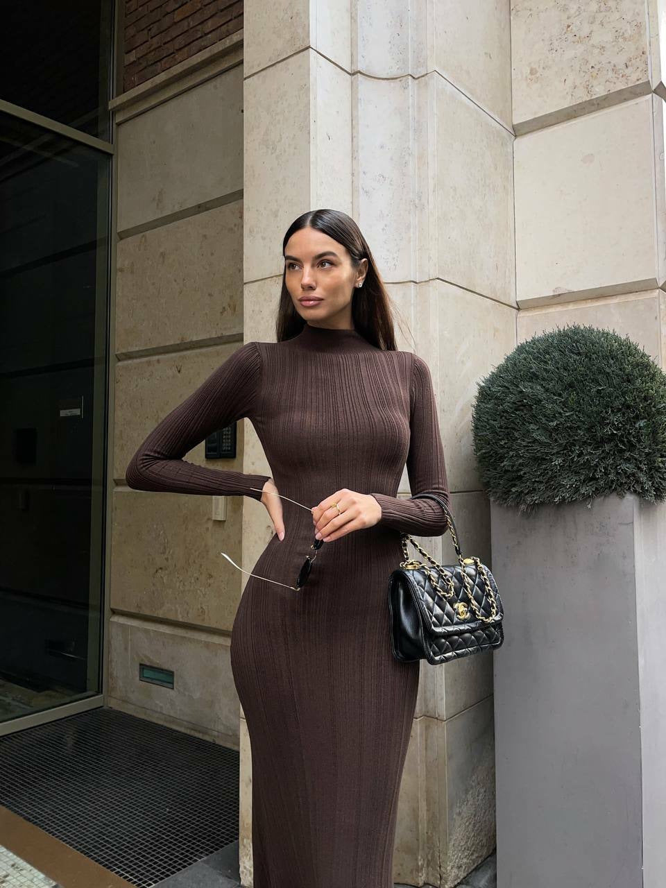 A long-sleeved knit dress