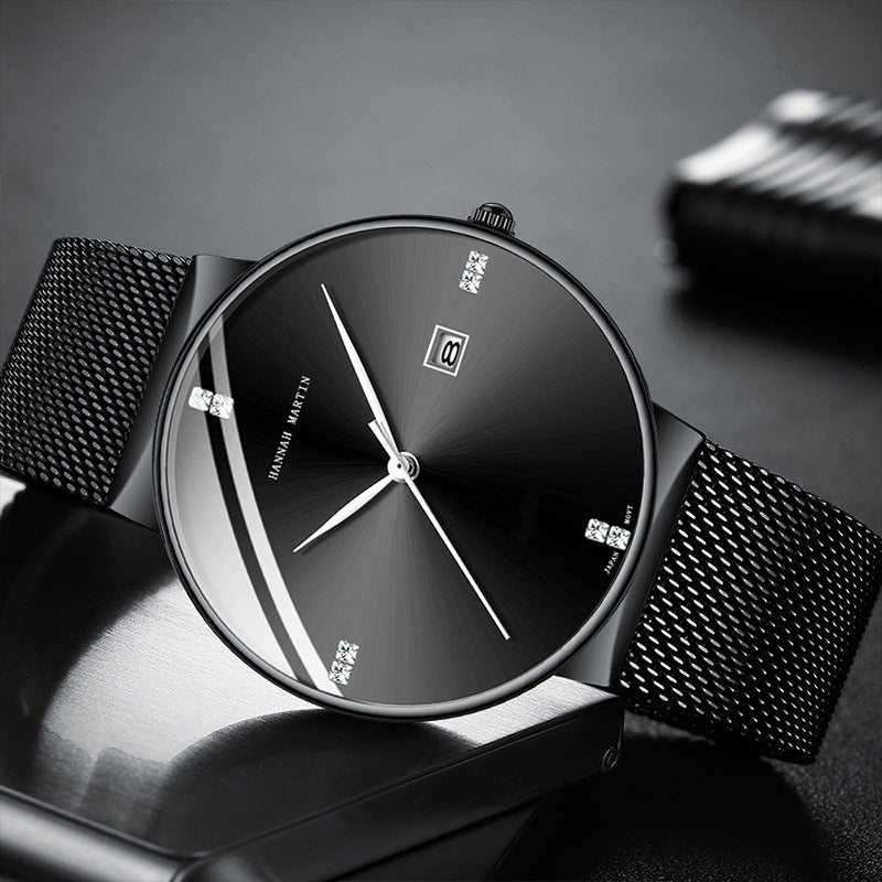 A Japanese movement with diamond blue light calendar men's business waterproof watch watch with diamond simple quartz watch