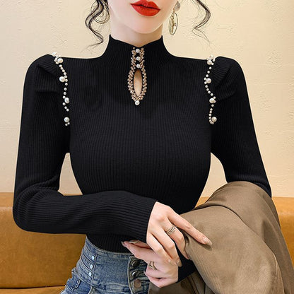 P winter new slim-fit bottoming shirt beaded bubble sleeve sweater women's clothing