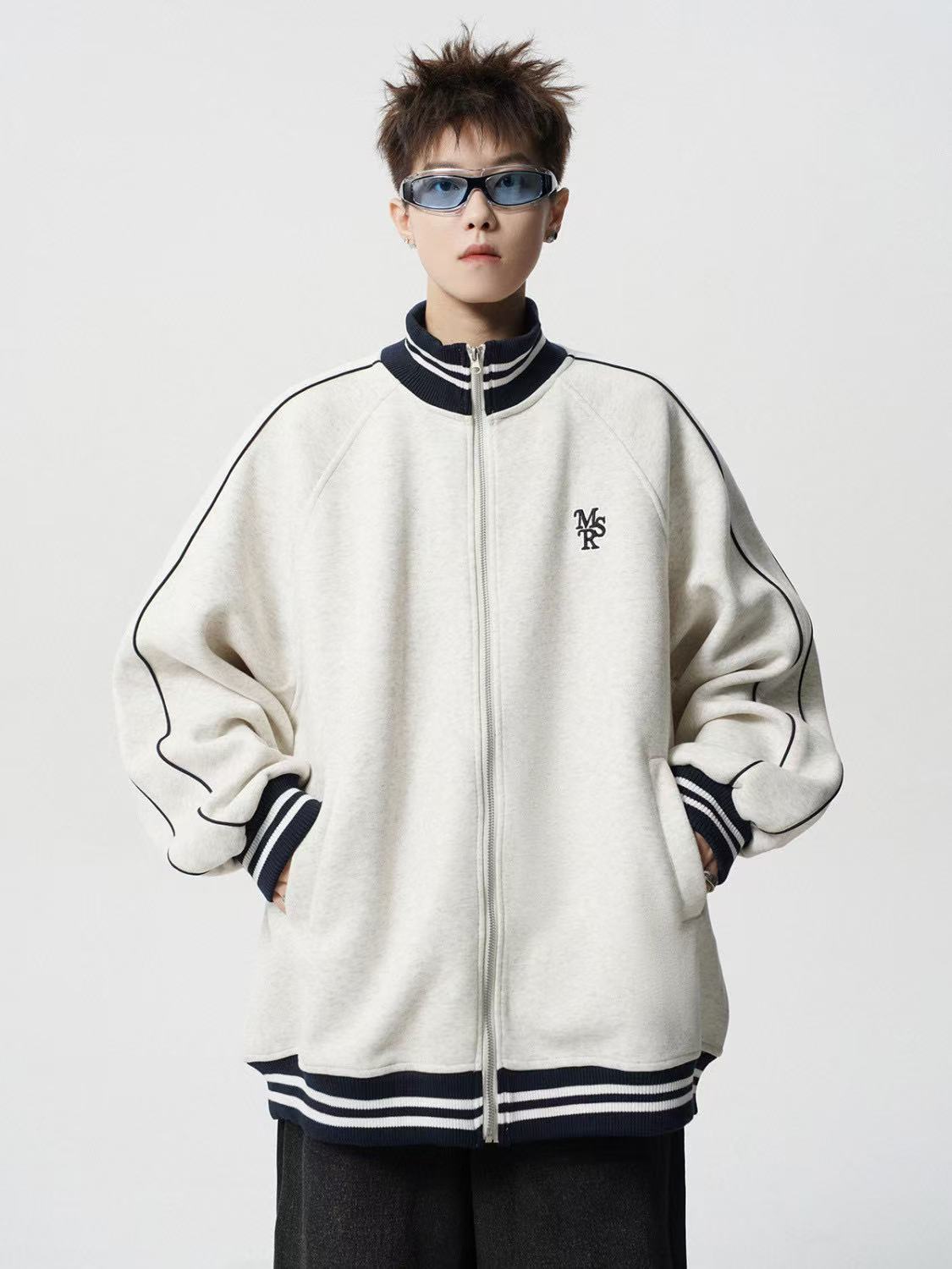 P American high-end striped jacket men's and women's high street trendy brand embroidered baseball jersey retro college style couple spring and autumn coat
