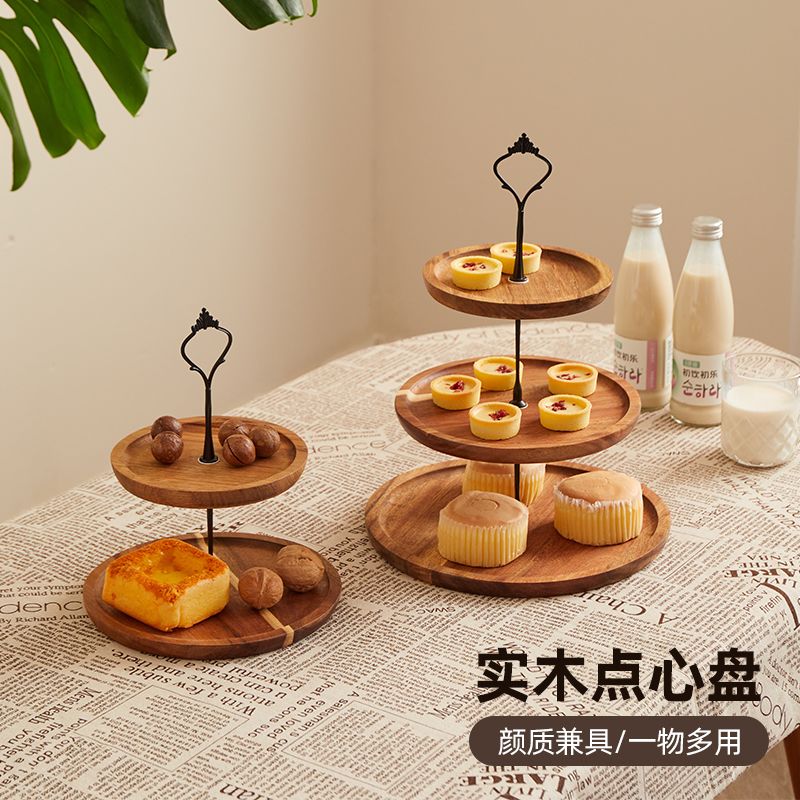 P Double layer dried fruit plate table tray multi-layer wooden plate