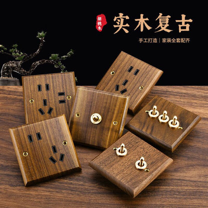 P  Black walnut brass lever power socket panel
