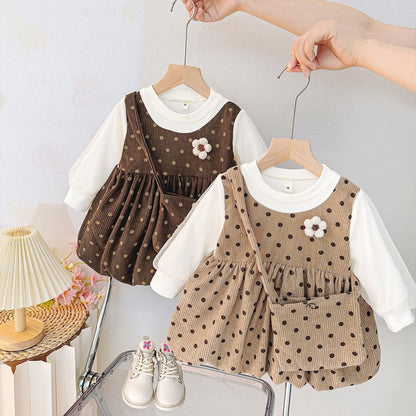 A spring and autumn baby girl foreign princess dress little girl fake two new polka dot fashionable skirt