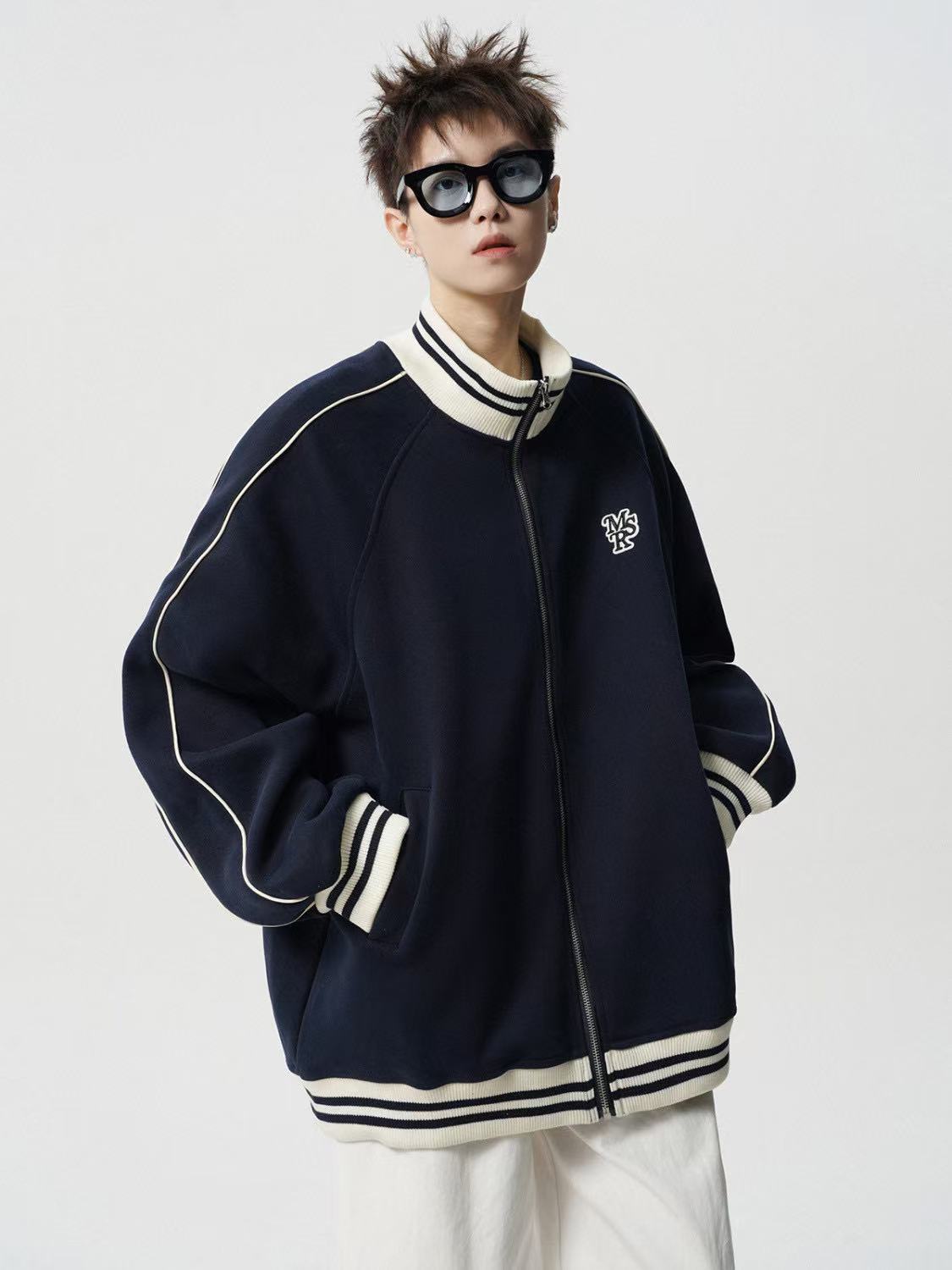 P American high-end striped jacket men's and women's high street trendy brand embroidered baseball jersey retro college style couple spring and autumn coat