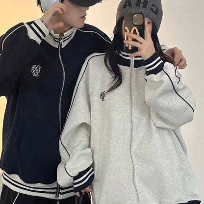 P American stand-up collar embroidered loose baseball jersey men's and women's early autumn jacket loose casual college style couple jacket