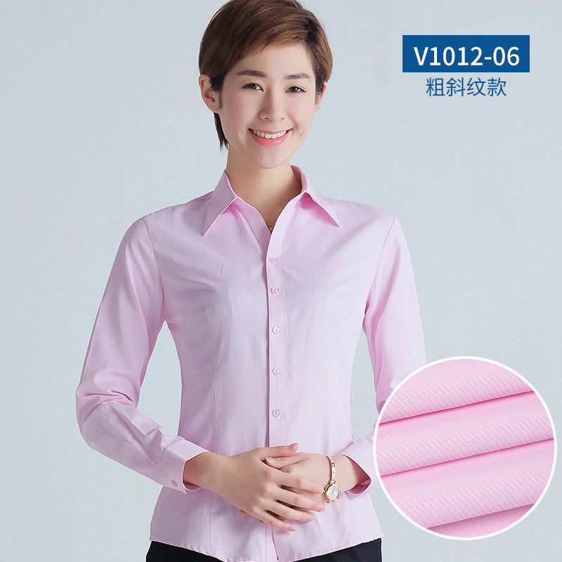 A new women's long-sleeved white shirt OL slim-fitting professional wear, interview overalls cotton V-neck shirt dress collar - Mixbatch