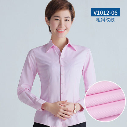 A new women's long-sleeved white shirt OL slim-fitting professional wear, interview overalls cotton V-neck shirt dress collar - Mixbatch