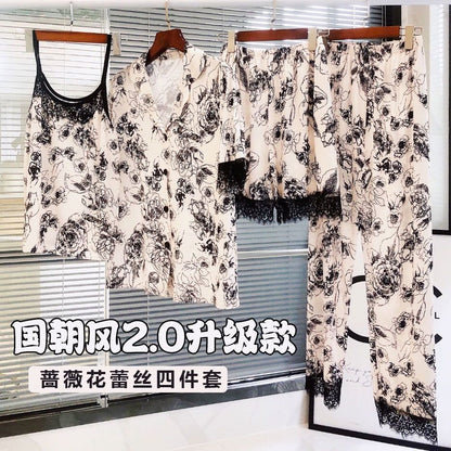 P country trendy four-set large-size women's clothing, girlfriend, little master, second-generation ice silk upgraded version, lace pajamas, women's home pajamas - Mixbatch