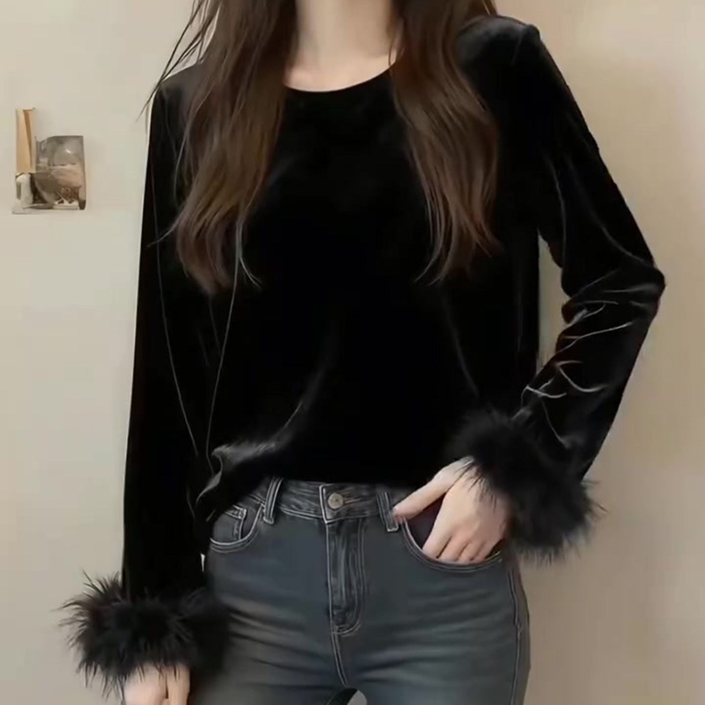 P large size high-end golden velvet long-sleeved T-shirt for women's autumn