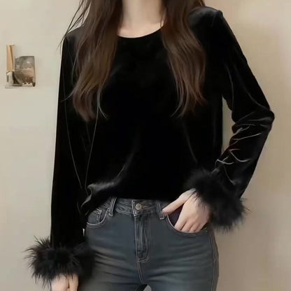 P large size high-end golden velvet long-sleeved T-shirt for women's autumn