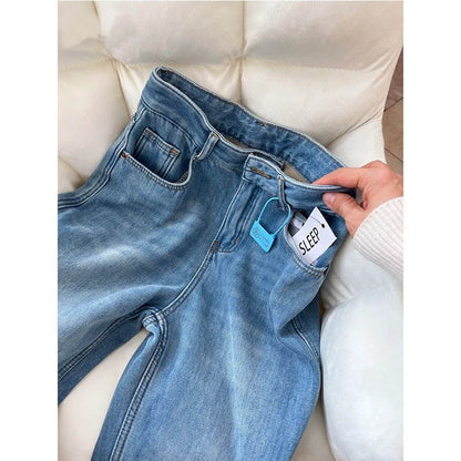 P Fleece Thickened Straight Wide Leg Jeans Women's Autumn and Winter New Small High Waist Skinny Loose Floor Pants