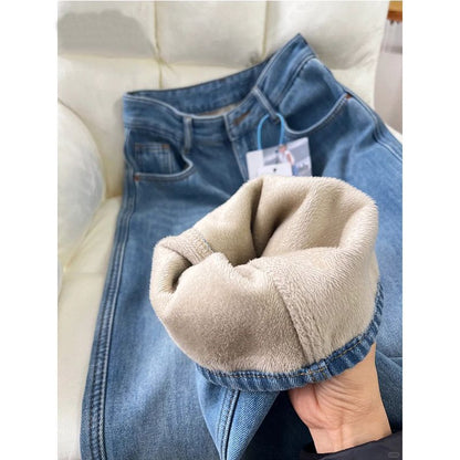 P Fleece Thickened Straight Wide Leg Jeans Women's Autumn and Winter New Small High Waist Skinny Loose Floor Pants