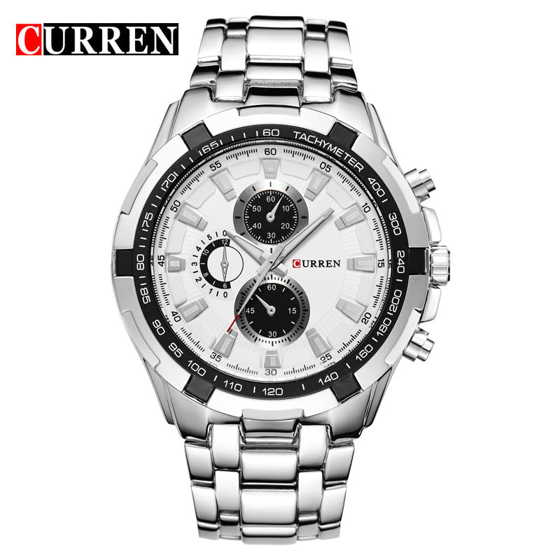 A  8023 Men's Watch European and American Popular Men's Watch Business Steel Strap Large Dial Waterproof Quartz Watch - Mixbatch