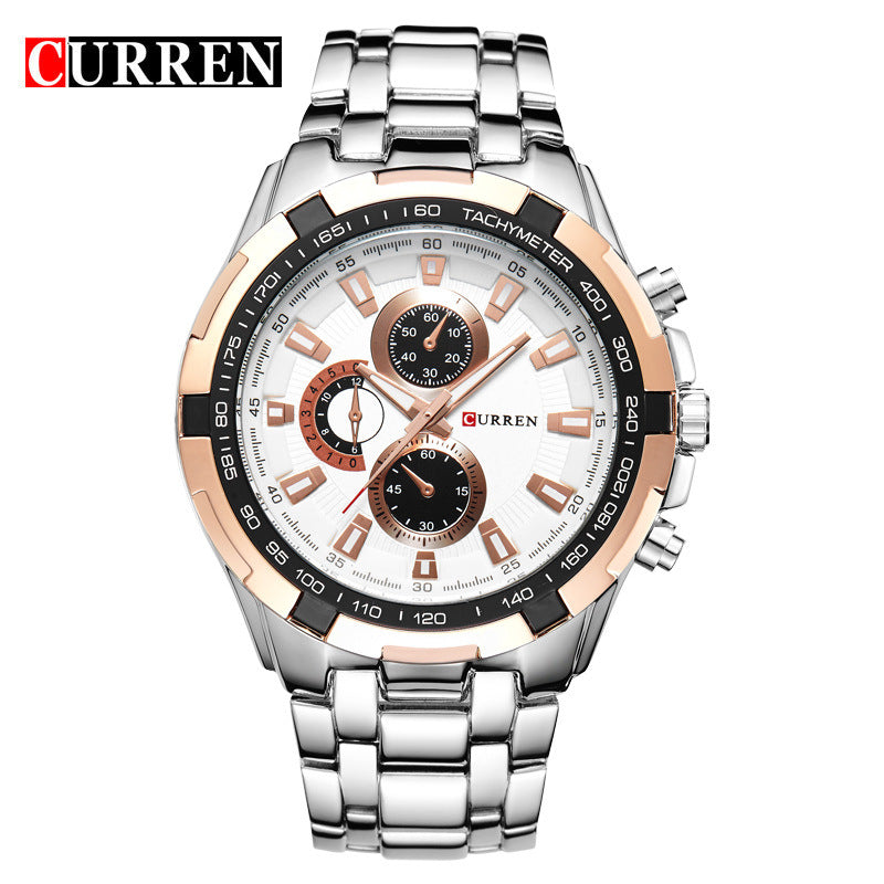 A  8023 Men's Watch European and American Popular Men's Watch Business Steel Strap Large Dial Waterproof Quartz Watch - Mixbatch