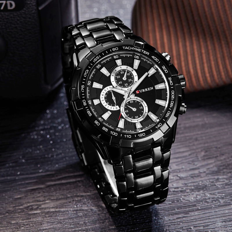 A  8023 Men's Watch European and American Popular Men's Watch Business Steel Strap Large Dial Waterproof Quartz Watch - Mixbatch