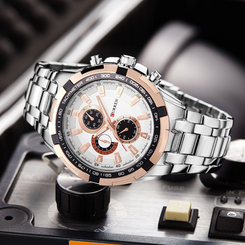 A  8023 Men's Watch European and American Popular Men's Watch Business Steel Strap Large Dial Waterproof Quartz Watch - Mixbatch