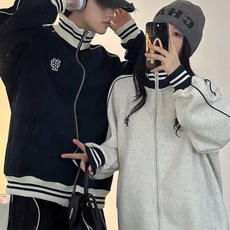 P American stand-up collar embroidered loose baseball jersey men's and women's early autumn jacket loose casual college style couple jacket