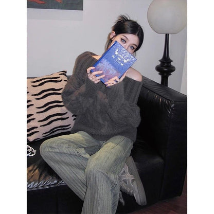 p pure desire lazy gray sweater new autumn and winter twist knitted sweater loose long-sleeved one-word top