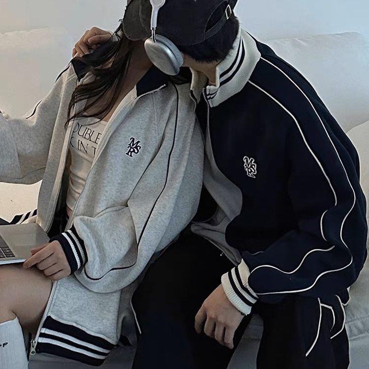 P American stand-up collar embroidered loose baseball jersey men's and women's early autumn jacket loose casual college style couple jacket