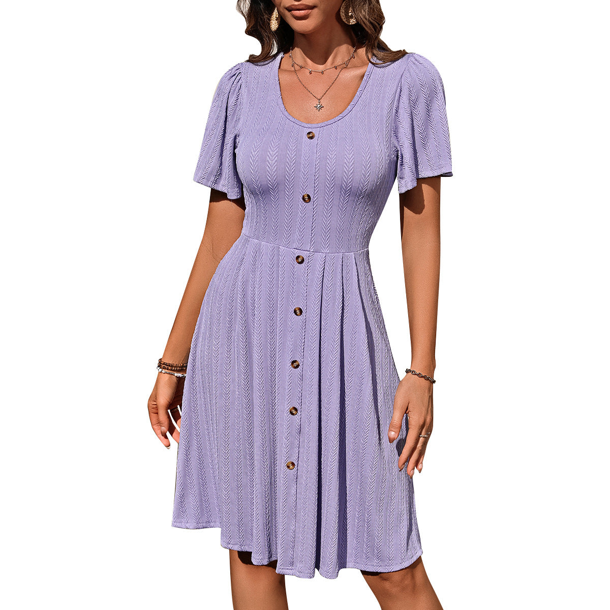 European and American cross-border 2025 Amazon summer new women's clothing round neck button elastic casual temperament short-sleeved dress