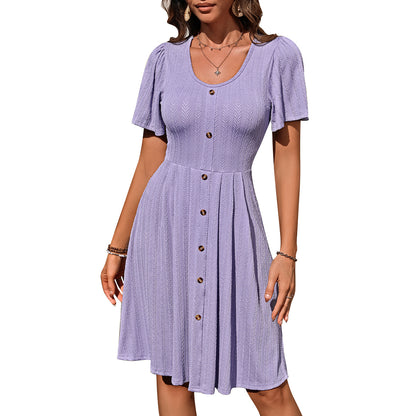 European and American cross-border 2025 Amazon summer new women's clothing round neck button elastic casual temperament short-sleeved dress