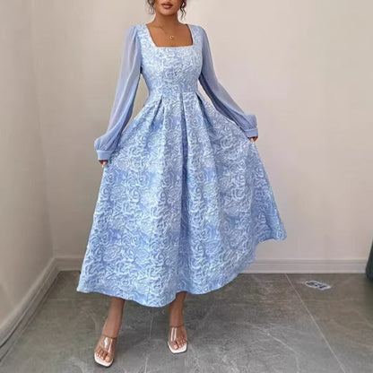 A square neck chiffon long-sleeved dress