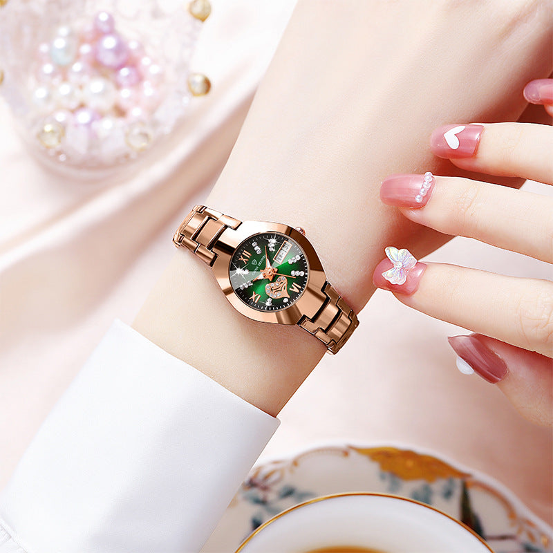 A Korean version of fashion trend women's watch double calendar diamond-encrusted waterproof luminous