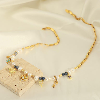 A ins European and American light luxury commuter necklace women's geometric love inlaid zircon pendant ins freshwater pearl natural stone collarbone