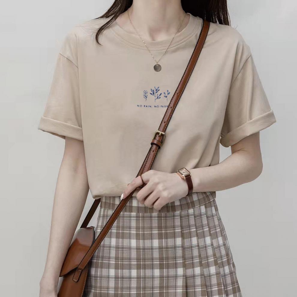 A Short Sleeve Korean Version Crew Neck T-Shirt Women's Summer Loose Plant Print Casual - Mixbatch