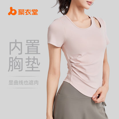 A Skinny and wrinkled yoga clothes women's one cup with chest pad sports fitness top short sleeve summer