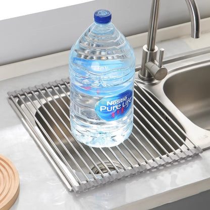 A Sink Folding Stainless Steel Drain Rack Kitchen Multifunctional Bowls Vegetables and Fruits Storage Drain Curtain