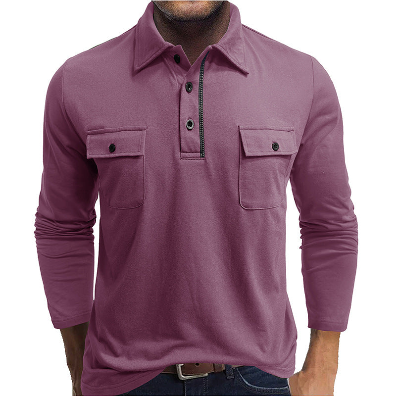 A Men's long-sleeved pocket lapel autumn and winter POLO shirt foreign trade European and American outdoor casual polo suit men's cotton top