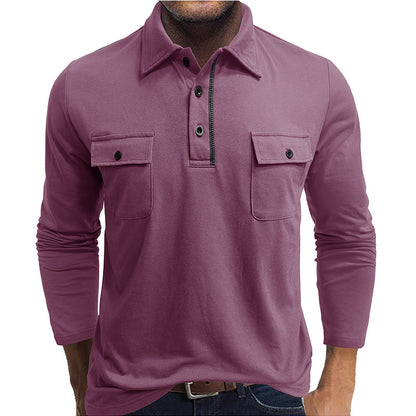 A Men's long-sleeved pocket lapel autumn and winter POLO shirt foreign trade European and American outdoor casual polo suit men's cotton top