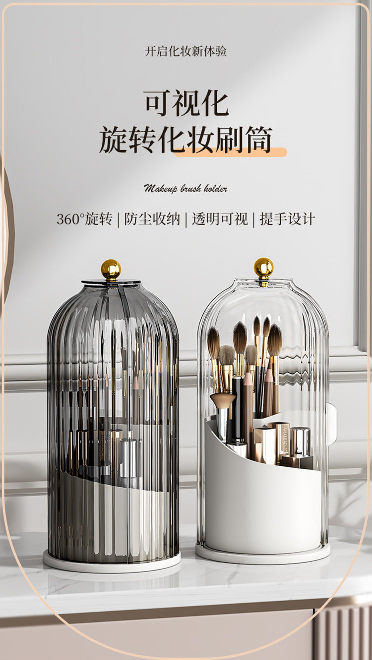 A birdcage pen holder rack dustproof compartment tabletop cosmetic storage box rotating makeup brush organizer dresser