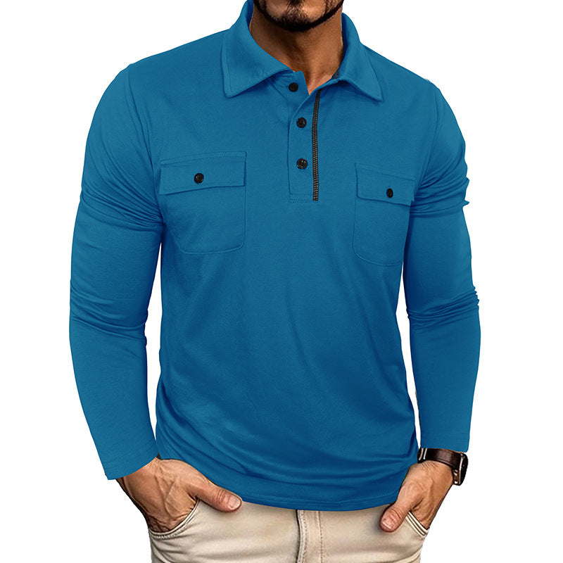 A Men's long-sleeved pocket lapel autumn and winter POLO shirt foreign trade European and American outdoor casual polo suit men's cotton top