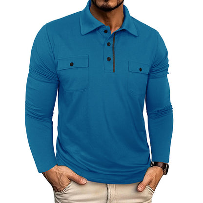 A Men's long-sleeved pocket lapel autumn and winter POLO shirt foreign trade European and American outdoor casual polo suit men's cotton top