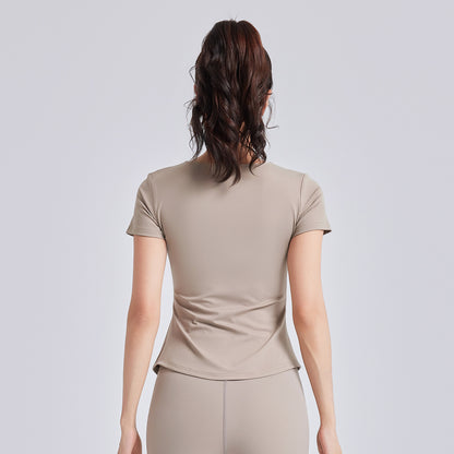 A new v-neck pleated yoga suit short-sleeved women's shock-proof fixed cup slimming sports fitness top