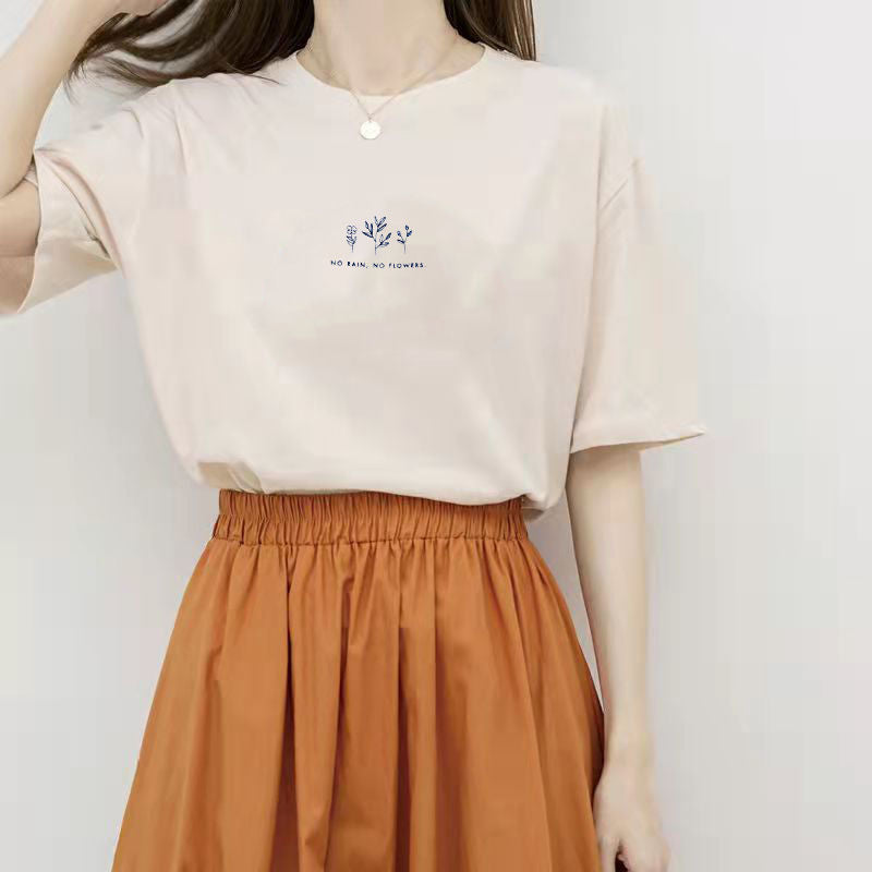 A Short Sleeve Korean Version Crew Neck T-Shirt Women's Summer Loose Plant Print Casual - Mixbatch