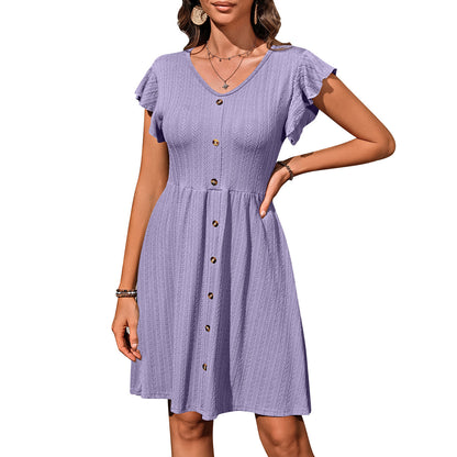 Europe, America, cross-border 2025 Amazon summer new women's clothing V-neck button waist elastic short-sleeved dress women - Mixbatch