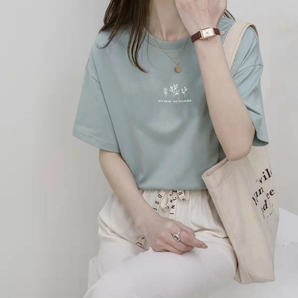 A Short Sleeve Korean Version Crew Neck T-Shirt Women's Summer Loose Plant Print Casual - Mixbatch