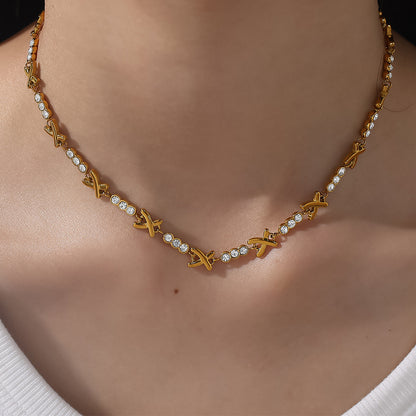 A European and American fashion ins necklace bracelet set light luxury cross-border X-shaped rhinestone stainless steel plated 18K gold bracelet women