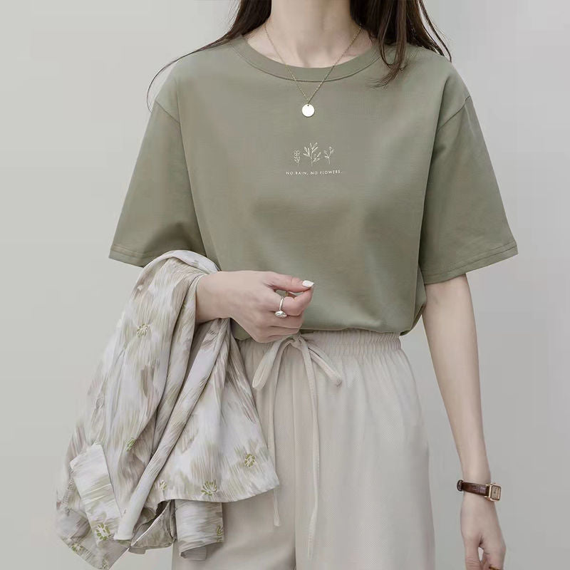 A Short Sleeve Korean Version Crew Neck T-Shirt Women's Summer Loose Plant Print Casual - Mixbatch