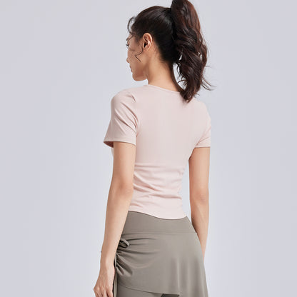 A Skinny and wrinkled yoga clothes women's one cup with chest pad sports fitness top short sleeve summer