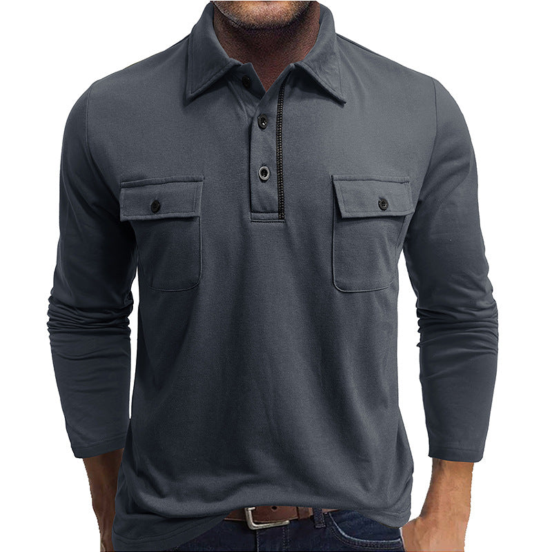 A Men's long-sleeved pocket lapel autumn and winter POLO shirt foreign trade European and American outdoor casual polo suit men's cotton top