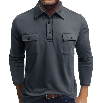 A Men's long-sleeved pocket lapel autumn and winter POLO shirt foreign trade European and American outdoor casual polo suit men's cotton top